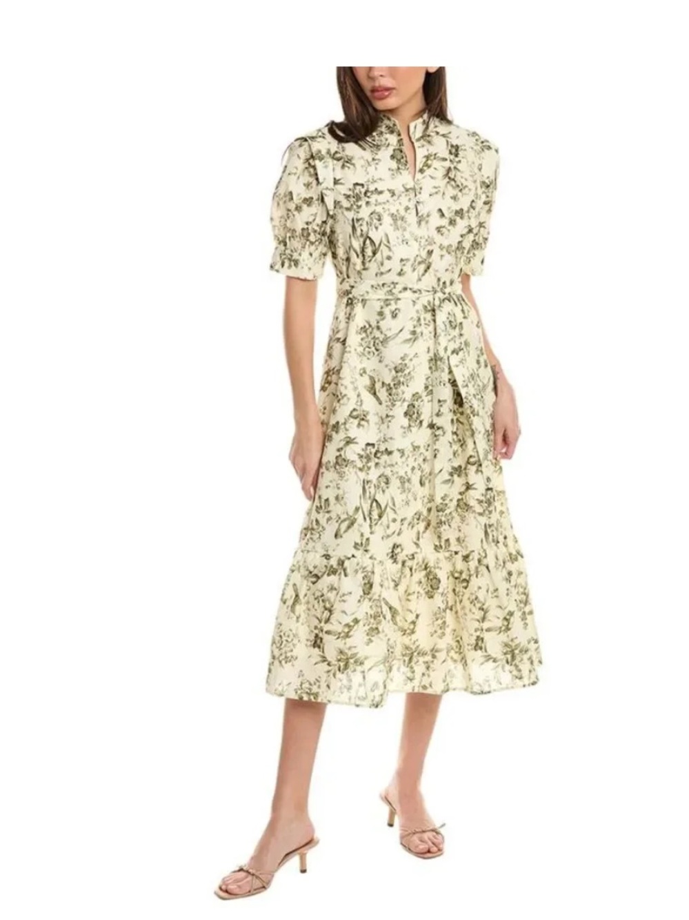 NWT O.P.T Floral Cream and green Midi Dress with Puff Sleeves